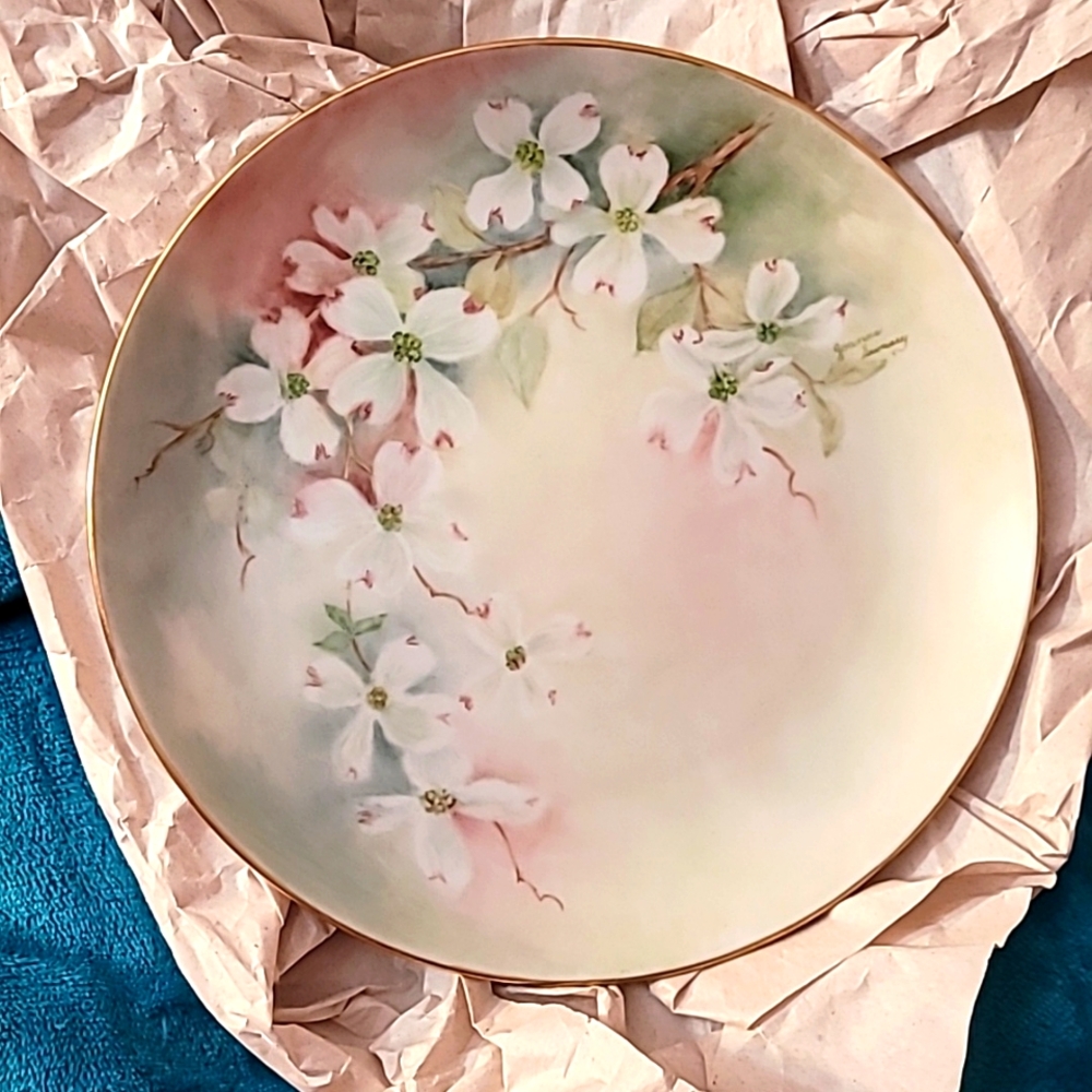 Gold trim vintage hand painted plate - signed.
